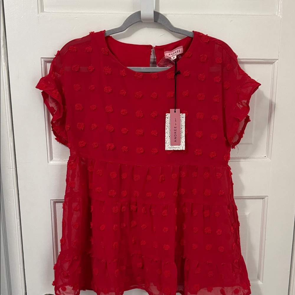Andree Red Textured Chiffon Babydoll Blouse. Women's Medium